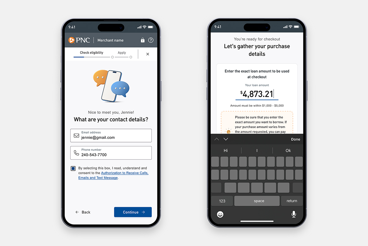 PNC application and purchase screens